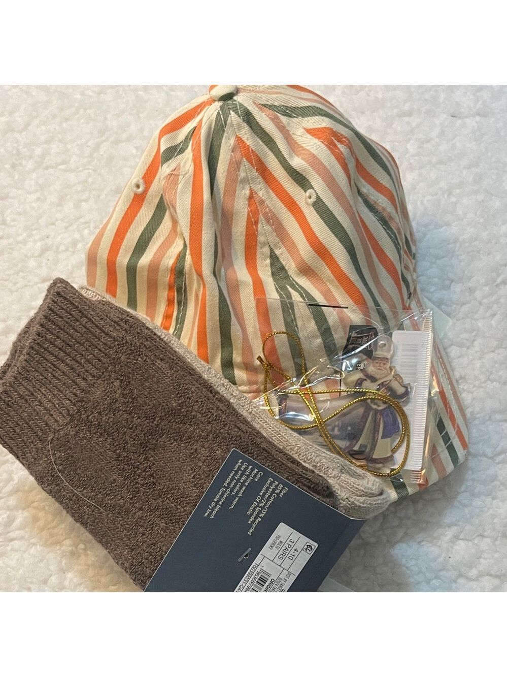 Striped Orange and Green Women's Cap NWT socks set and ornament